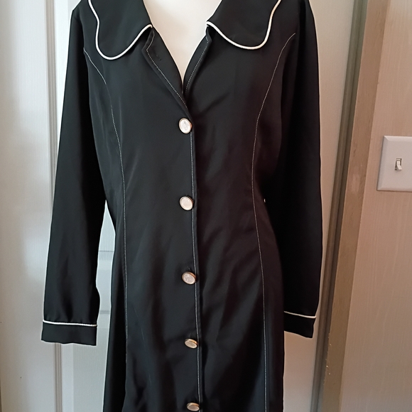 Black Button Down Dress with White Trim - Picture 1 of 5